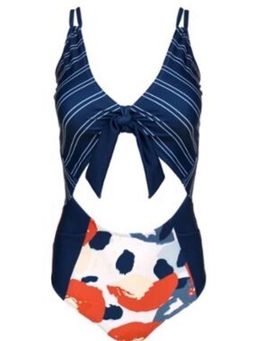 NANI NWOT Navy Striped Tie-Front One-Piece Swimsuit with Abstract Print small S